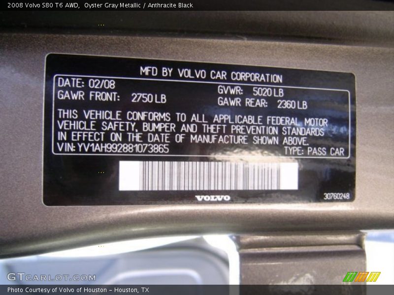 Oyster Gray Metallic / Anthracite Black 2008 Volvo S80 T6 AWD