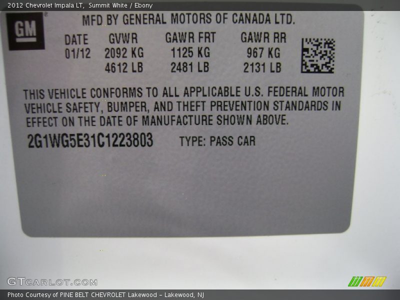 Summit White / Ebony 2012 Chevrolet Impala LT