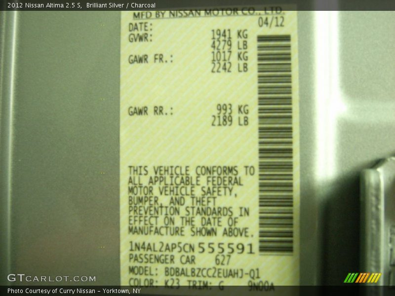 Brilliant Silver / Charcoal 2012 Nissan Altima 2.5 S