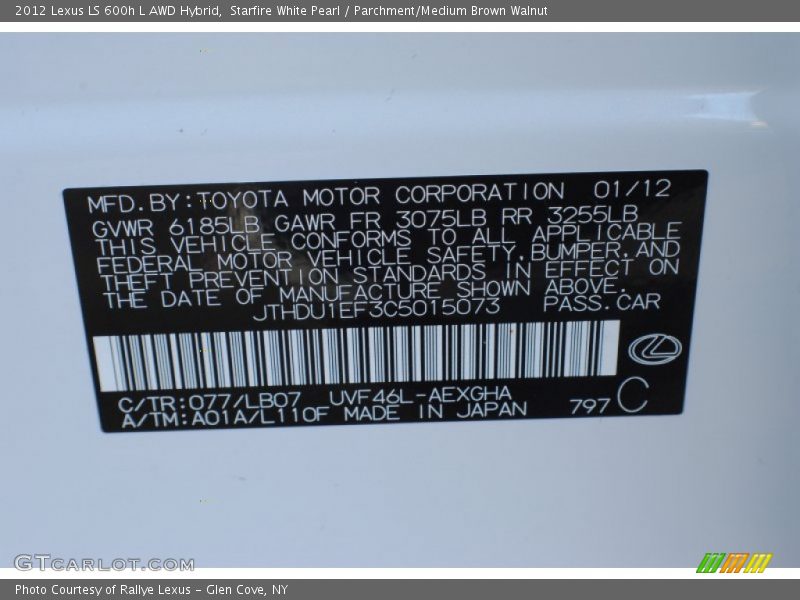 2012 LS 600h L AWD Hybrid Starfire White Pearl Color Code 077
