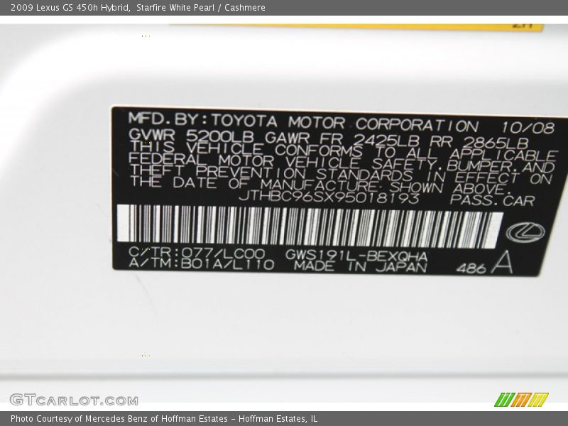 2009 GS 450h Hybrid Starfire White Pearl Color Code 077