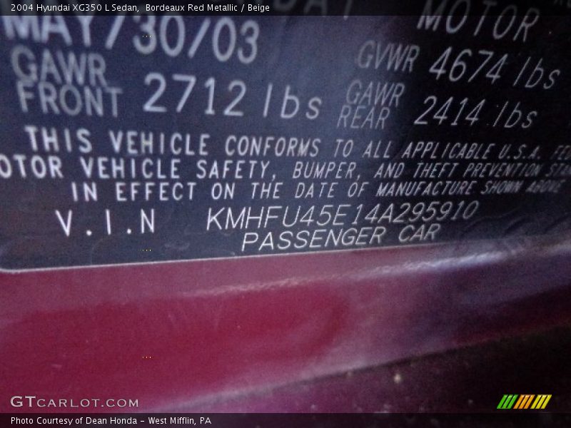 Bordeaux Red Metallic / Beige 2004 Hyundai XG350 L Sedan