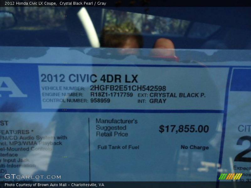 Crystal Black Pearl / Gray 2012 Honda Civic LX Coupe