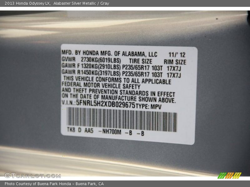 Alabaster Silver Metallic / Gray 2013 Honda Odyssey LX