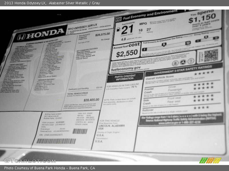 Alabaster Silver Metallic / Gray 2013 Honda Odyssey LX