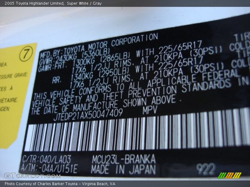 Super White / Gray 2005 Toyota Highlander Limited
