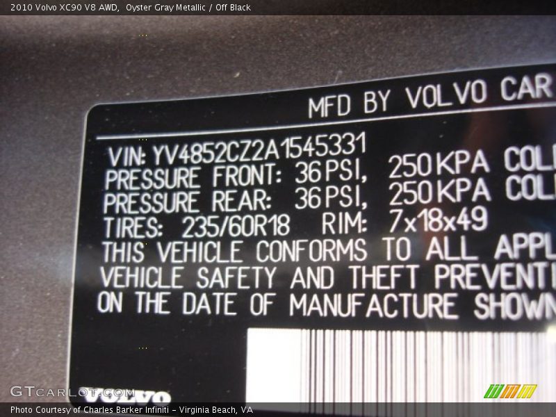 Oyster Gray Metallic / Off Black 2010 Volvo XC90 V8 AWD