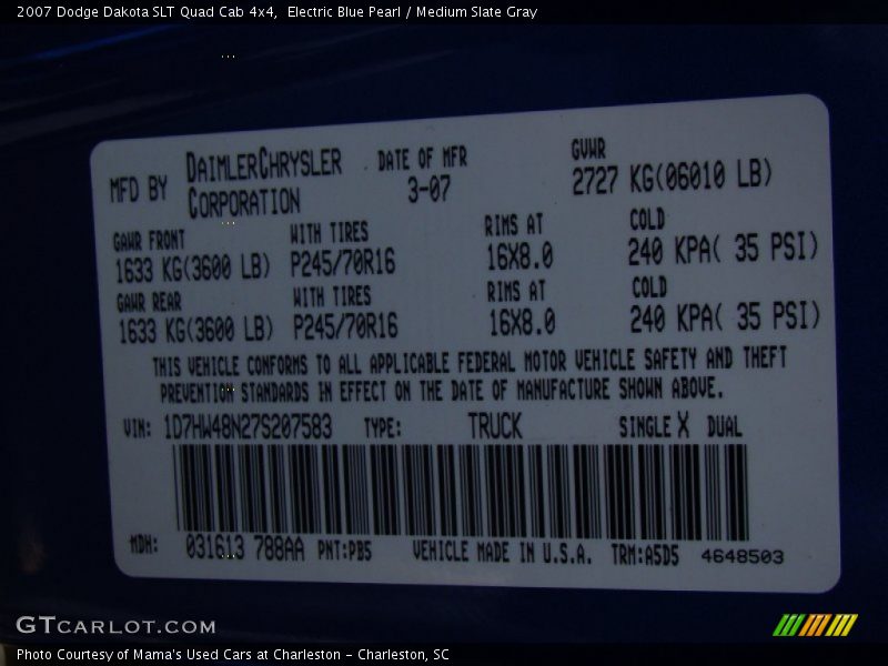 Electric Blue Pearl / Medium Slate Gray 2007 Dodge Dakota SLT Quad Cab 4x4