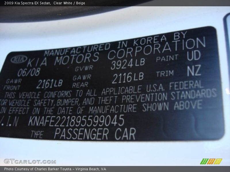 2009 Spectra EX Sedan Clear White Color Code UD