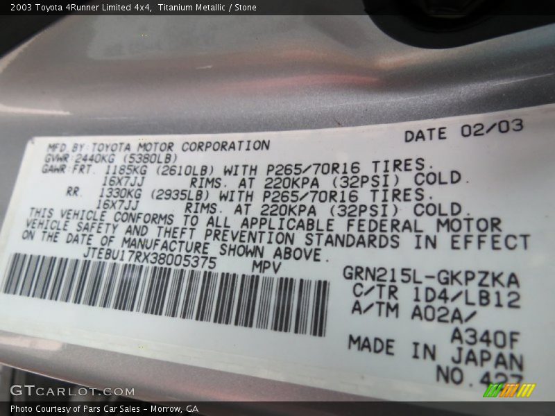 Titanium Metallic / Stone 2003 Toyota 4Runner Limited 4x4