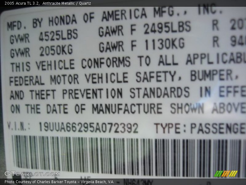 Anthracite Metallic / Quartz 2005 Acura TL 3.2