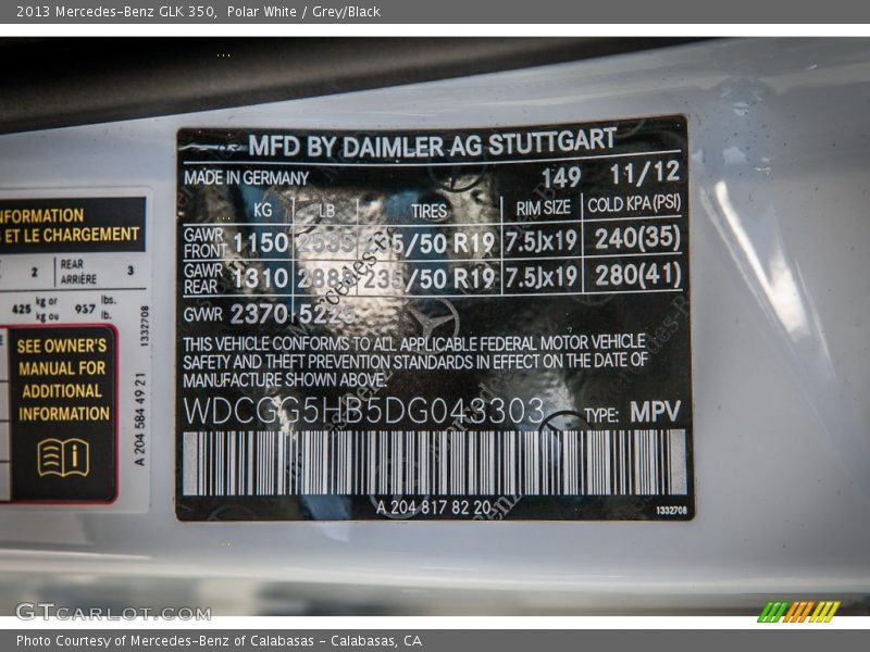 Polar White / Grey/Black 2013 Mercedes-Benz GLK 350