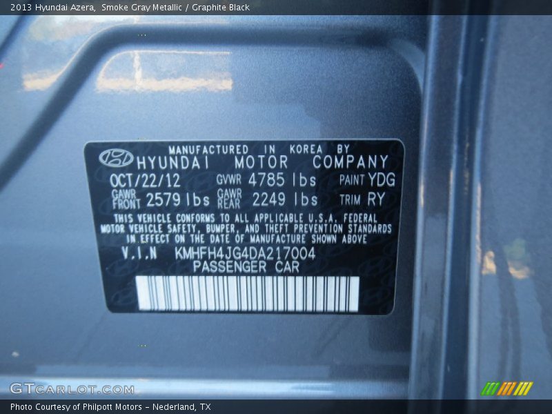 2013 Azera  Smoke Gray Metallic Color Code YDG