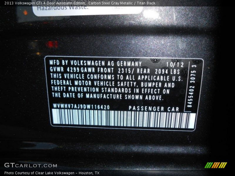 Carbon Steel Gray Metallic / Titan Black 2013 Volkswagen GTI 4 Door Autobahn Edition