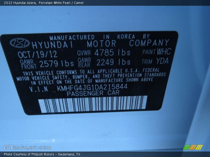 Porcelain White Pearl / Camel 2013 Hyundai Azera