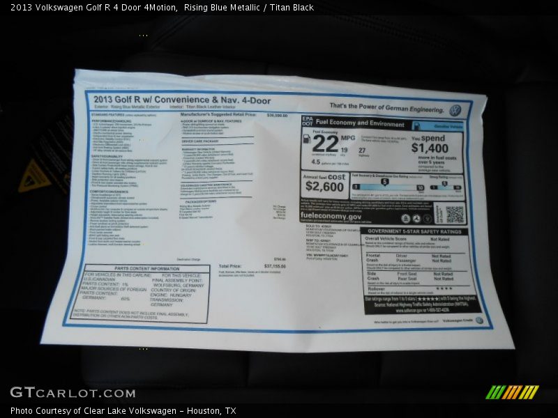  2013 Golf R 4 Door 4Motion Window Sticker