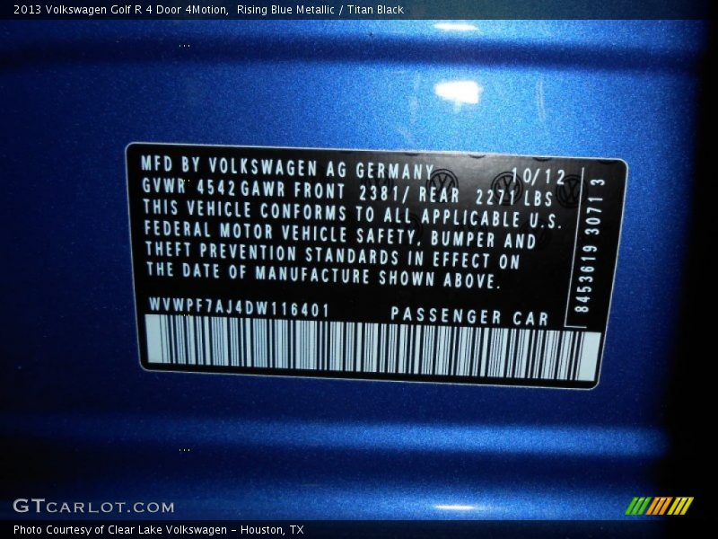 Info Tag of 2013 Golf R 4 Door 4Motion