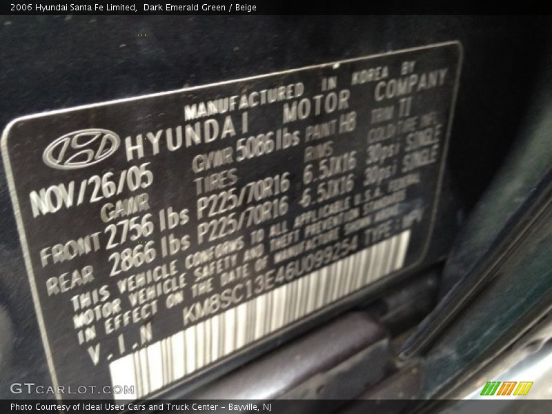 2006 Santa Fe Limited Dark Emerald Green Color Code HB