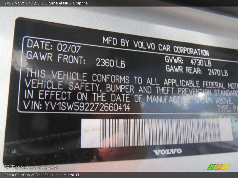 Silver Metallic / Graphite 2007 Volvo V70 2.5T