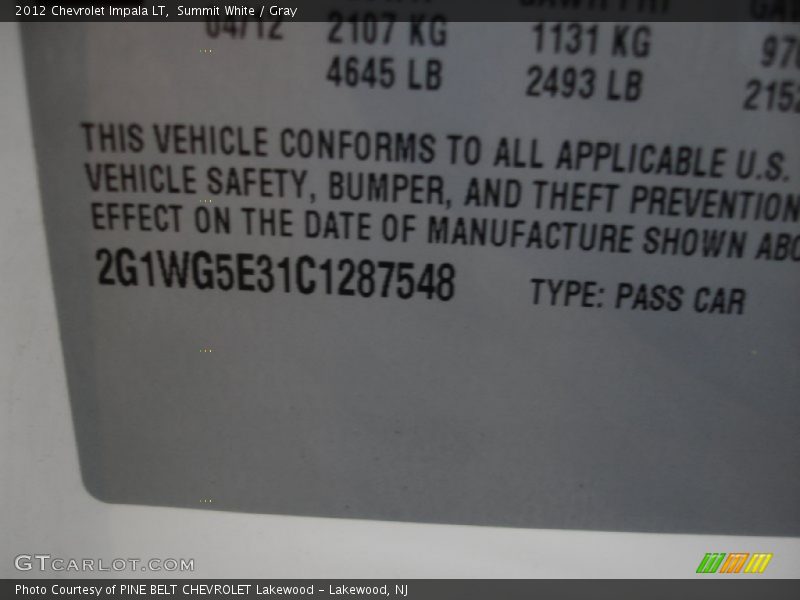 Summit White / Gray 2012 Chevrolet Impala LT