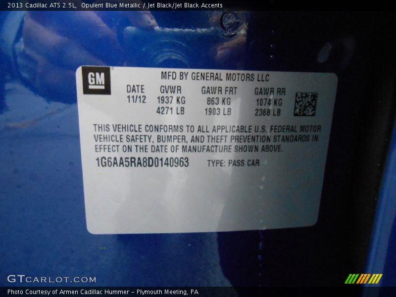 Info Tag of 2013 ATS 2.5L