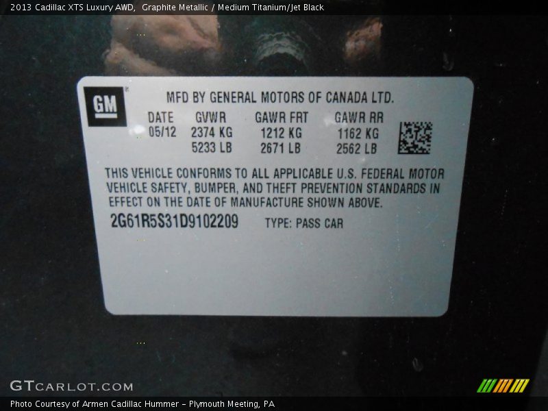 Graphite Metallic / Medium Titanium/Jet Black 2013 Cadillac XTS Luxury AWD