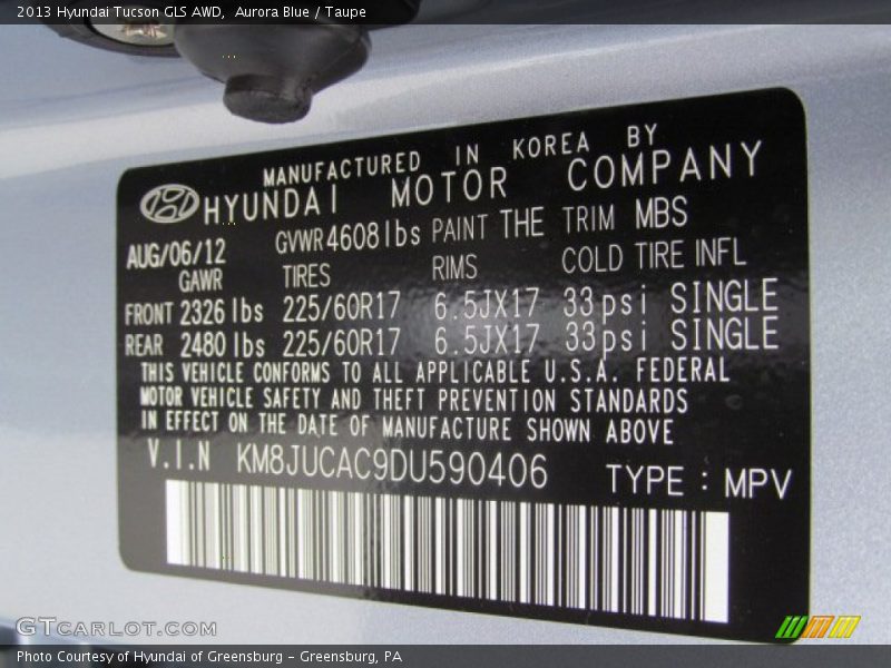 2013 Tucson GLS AWD Aurora Blue Color Code THE
