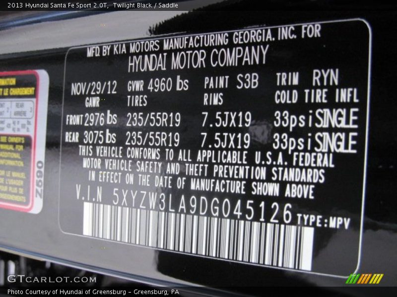 2013 Santa Fe Sport 2.0T Twilight Black Color Code S3B