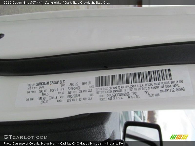 Stone White / Dark Slate Gray/Light Slate Gray 2010 Dodge Nitro SXT 4x4