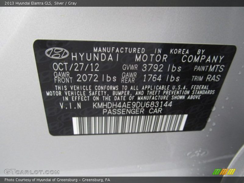 Silver / Gray 2013 Hyundai Elantra GLS