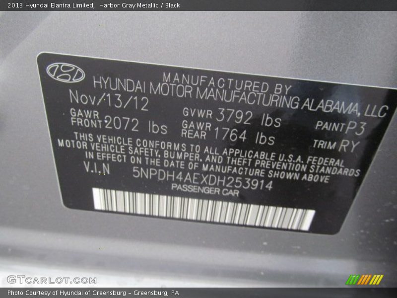 2013 Elantra Limited Harbor Gray Metallic Color Code P3