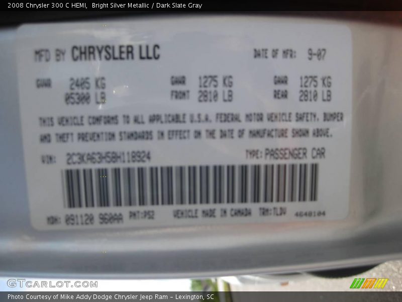 Bright Silver Metallic / Dark Slate Gray 2008 Chrysler 300 C HEMI