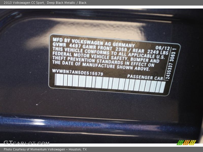 Deep Black Metallic / Black 2013 Volkswagen CC Sport
