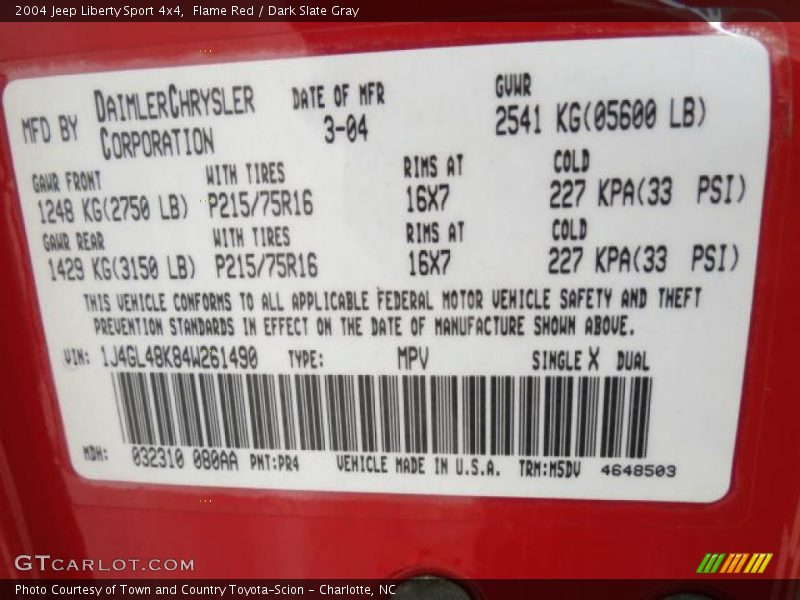 2004 Liberty Sport 4x4 Flame Red Color Code PR4