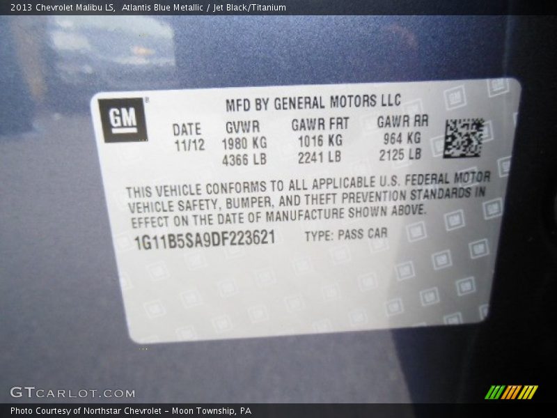 Atlantis Blue Metallic / Jet Black/Titanium 2013 Chevrolet Malibu LS