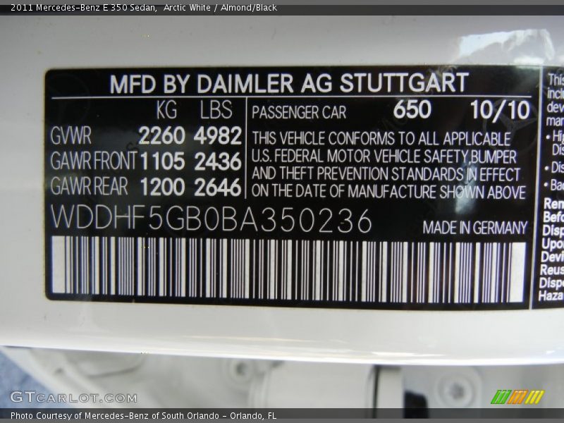 Arctic White / Almond/Black 2011 Mercedes-Benz E 350 Sedan