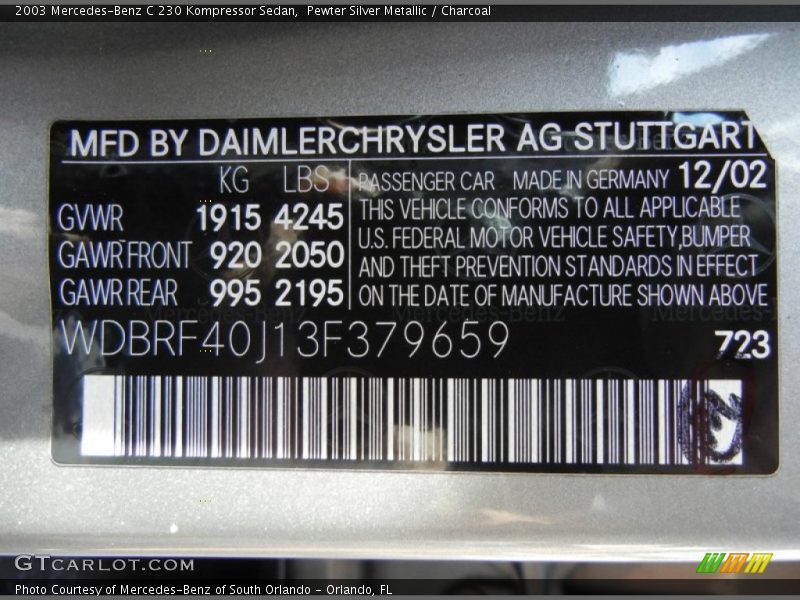 2003 C 230 Kompressor Sedan Pewter Silver Metallic Color Code 723