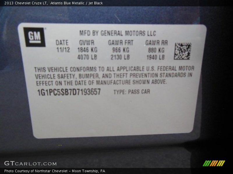 Atlantis Blue Metallic / Jet Black 2013 Chevrolet Cruze LT