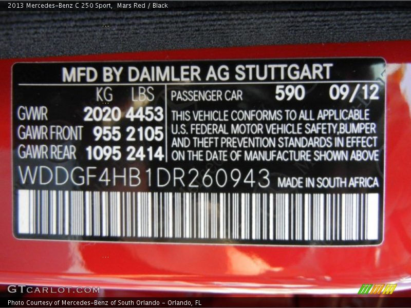 Mars Red / Black 2013 Mercedes-Benz C 250 Sport