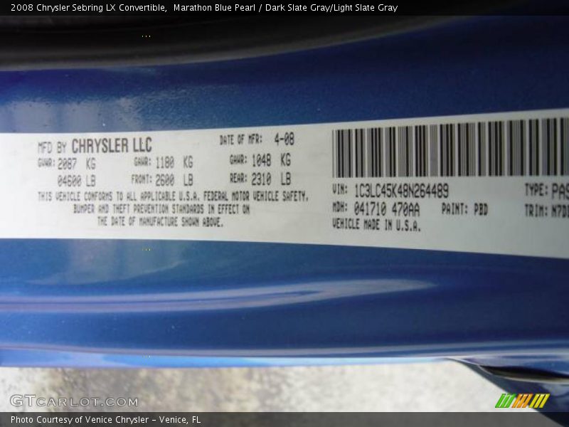 Marathon Blue Pearl / Dark Slate Gray/Light Slate Gray 2008 Chrysler Sebring LX Convertible