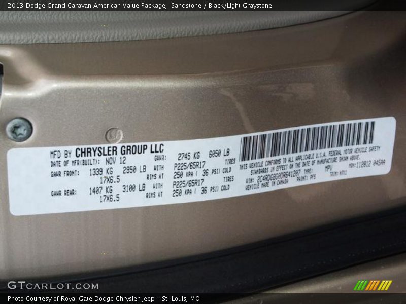 Sandstone / Black/Light Graystone 2013 Dodge Grand Caravan American Value Package