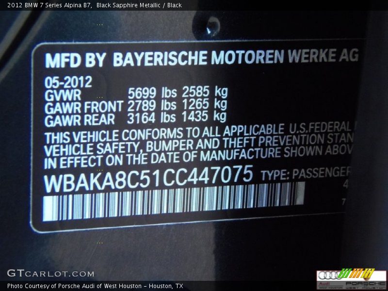 Black Sapphire Metallic / Black 2012 BMW 7 Series Alpina B7