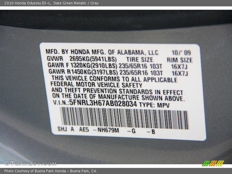 Slate Green Metallic / Gray 2010 Honda Odyssey EX-L