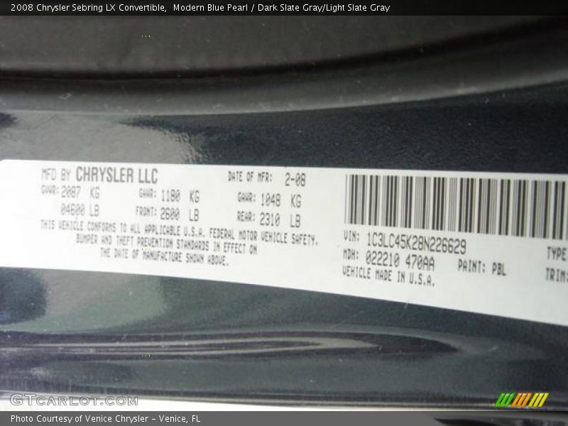 Modern Blue Pearl / Dark Slate Gray/Light Slate Gray 2008 Chrysler Sebring LX Convertible