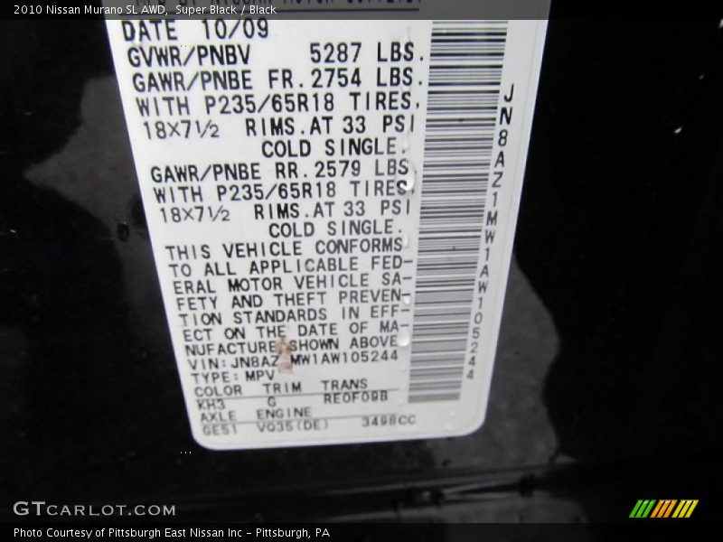 Super Black / Black 2010 Nissan Murano SL AWD