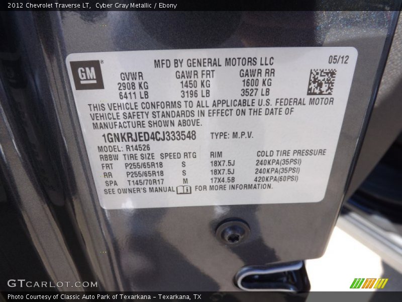 Cyber Gray Metallic / Ebony 2012 Chevrolet Traverse LT