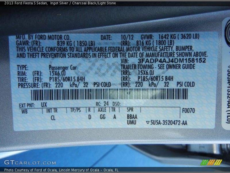 Ingot Silver / Charcoal Black/Light Stone 2013 Ford Fiesta S Sedan