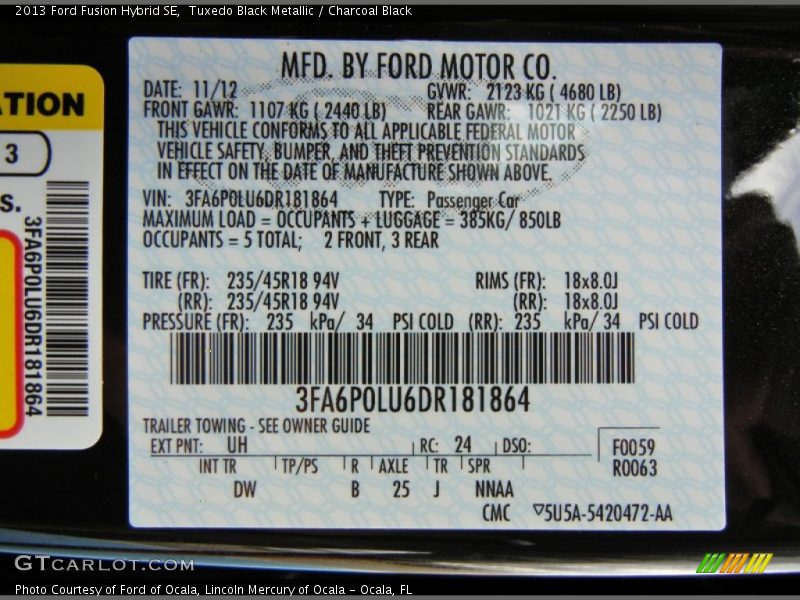 2013 Fusion Hybrid SE Tuxedo Black Metallic Color Code UH