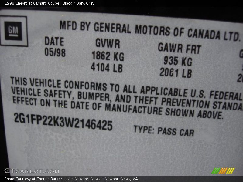 Black / Dark Grey 1998 Chevrolet Camaro Coupe