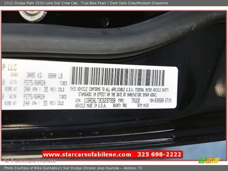 True Blue Pearl / Dark Slate Gray/Medium Graystone 2012 Dodge Ram 1500 Lone Star Crew Cab
